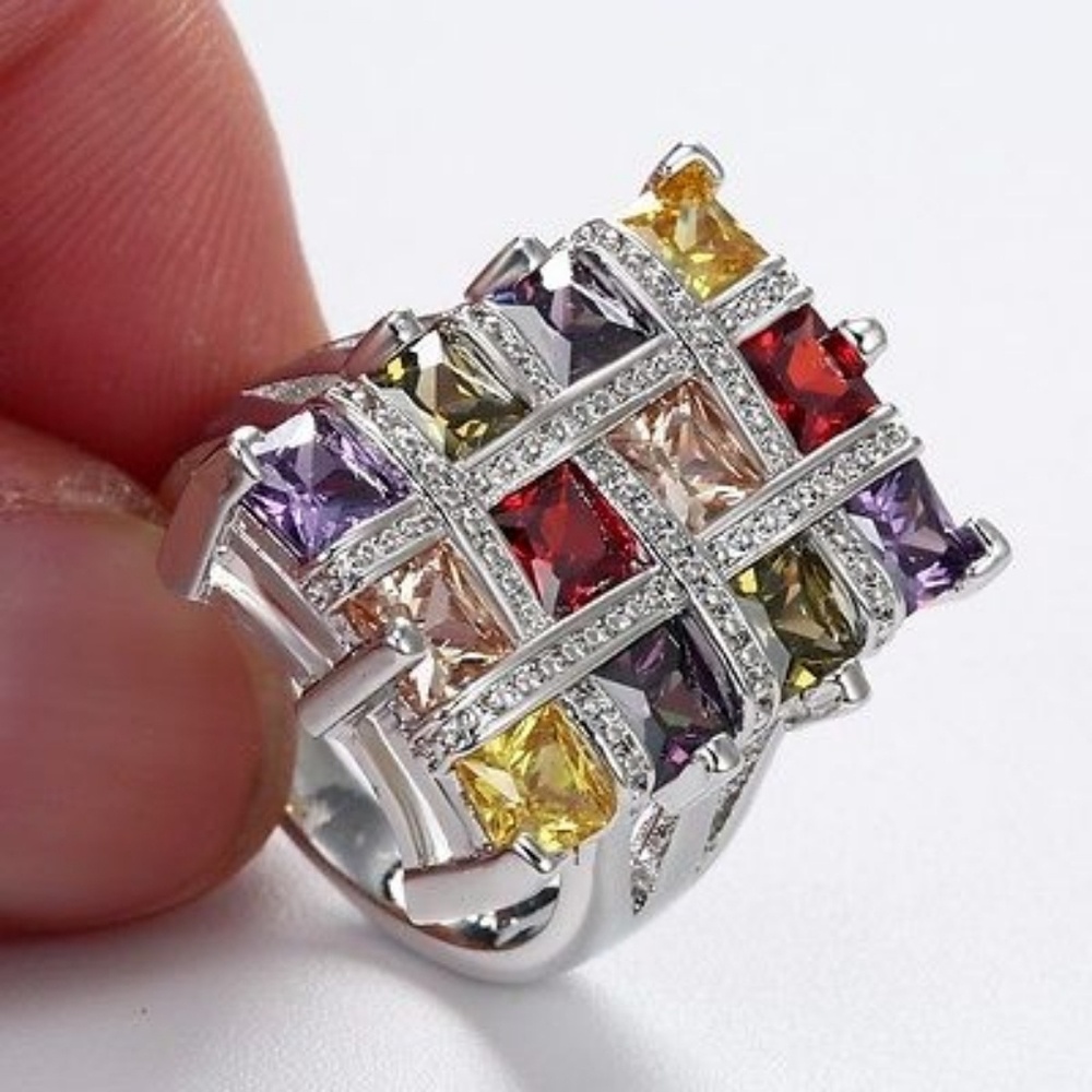 Multicolor Square-Cut Gemstone Grid Cocktail Ring - Silver Tone